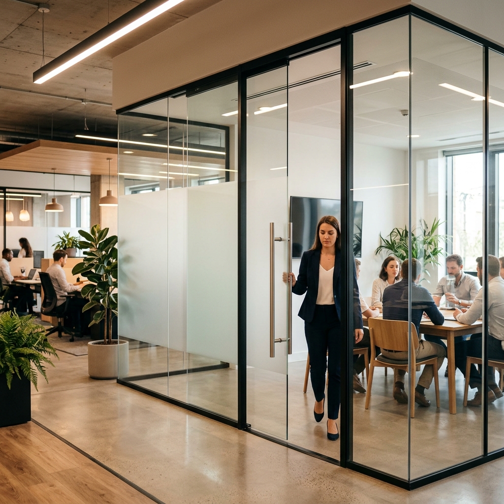 Glass partitions and vertical doors